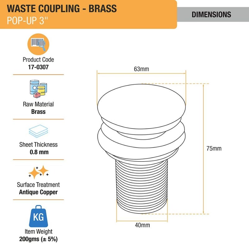 Cossimo Stainless Steel 3"Inch Rose Gold Pop-up Waste Coupling for Wash Basin | 32 MM Full Thread Waste Coupling For Basin (Pack of 1) - Image 2