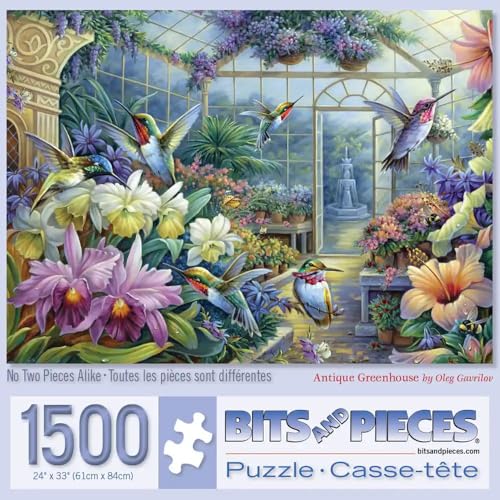 Bits and Pieces ألوان وأجزاء 1500 قطعة لغز للبالغين حديقة زهور جميلة نافورة طيور في الدفيئة القديمة من الفنان أوليغ غافريلوف حجم اللغز المكتمل 23 × 33 - Image 1