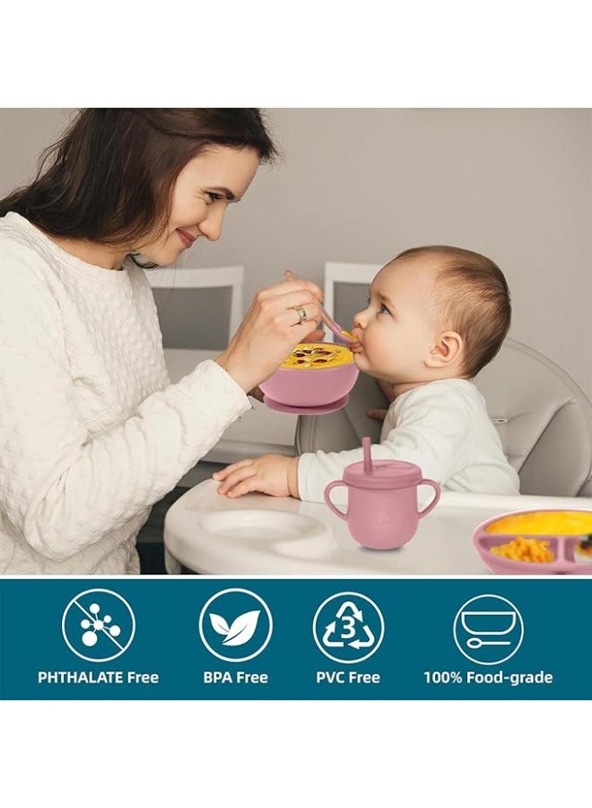 طقم تغذية اطفال سيليكون 10 قطع خالي من BPA | وعاء بشفط وصحن مقسم مع ملاعق وشوك وكوب ومريلة | آمن ومتين للرضع والأطفال الصغار - Image 2