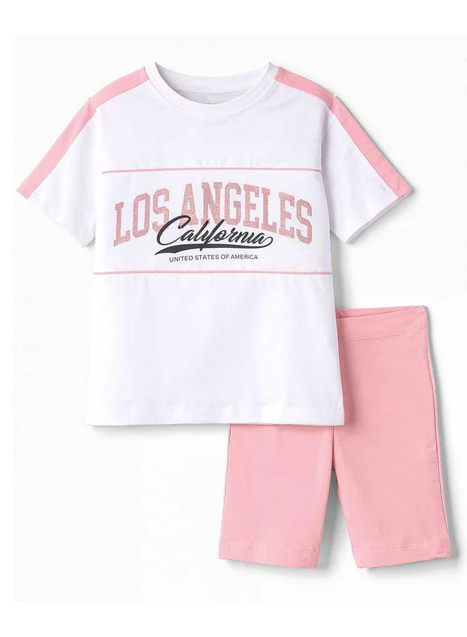 Primo Gino Primo Gino Cotton Elastane Knit Half Sleeves Oversized T-Shirt & Shorts Set with Foil Text Graphic - White & Light Pink
