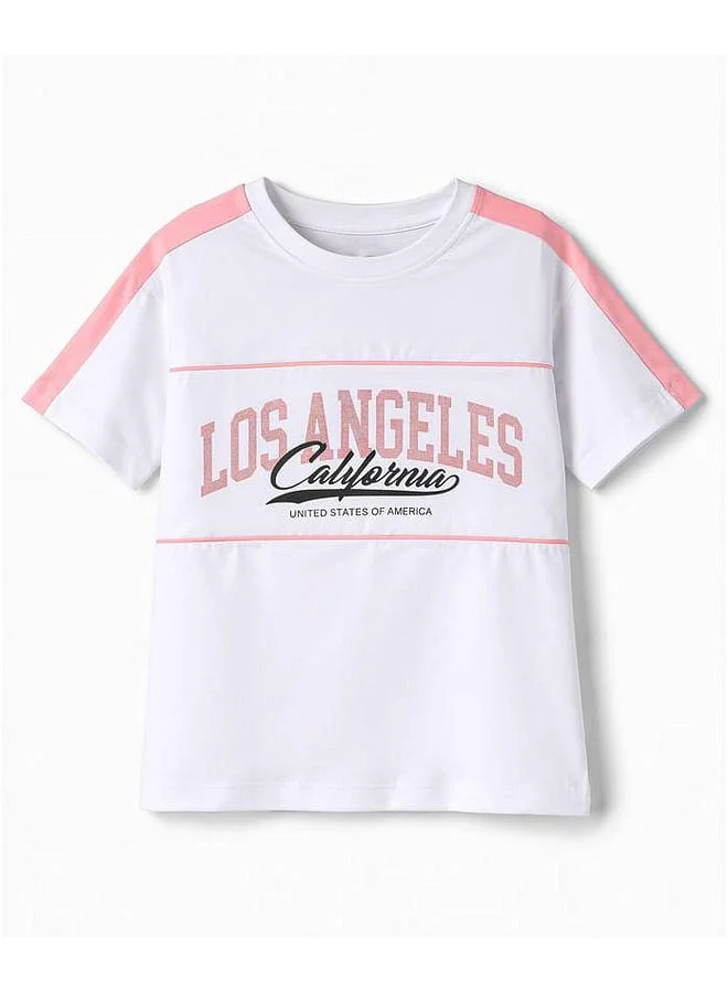 Primo Gino Primo Gino Cotton Elastane Knit Half Sleeves Oversized T-Shirt & Shorts Set with Foil Text Graphic - White & Light Pink