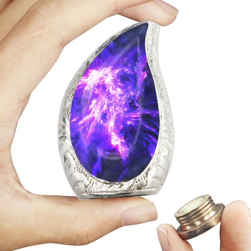 M MEILINXU Urn for Ashes for Women  Man Small Urns for Human Ashes Keepsake Tear Drop Decorative Cremation Container Purple Cosmic Galaxy Aurora Borealis Mini Teardrop Urn Brass Small Keepsake