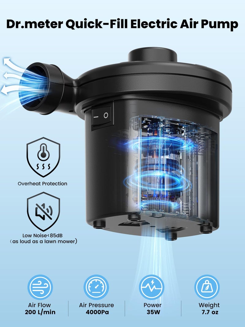 Dr.meter Air Mattress Pump, 3 Ways Powered Portable Electric Air Pump with 3-Nozzle AC 110V, DC 12V, Battery Operated Quick-Fill Inflator Deflator for Inflatable Pool Float Air Bed Boat Swimming Ring - Image 2
