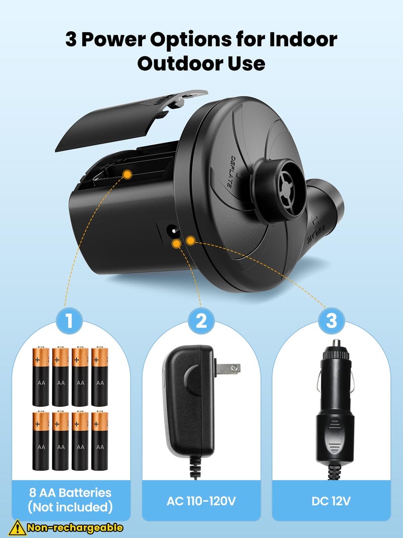 Dr.meter Air Mattress Pump, 3 Ways Powered Portable Electric Air Pump with 3-Nozzle AC 110V, DC 12V, Battery Operated Quick-Fill Inflator Deflator for Inflatable Pool Float Air Bed Boat Swimming Ring - Image 3