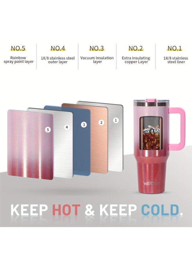 WATERSY 40 oz Coffee Mug to Go Thermal Mug Double-Walled Stainless Steel Vacuum Leak-Proof Drinking Cup with Handle and Straw Thermal Tumbler - Dark Pink White - Image 2