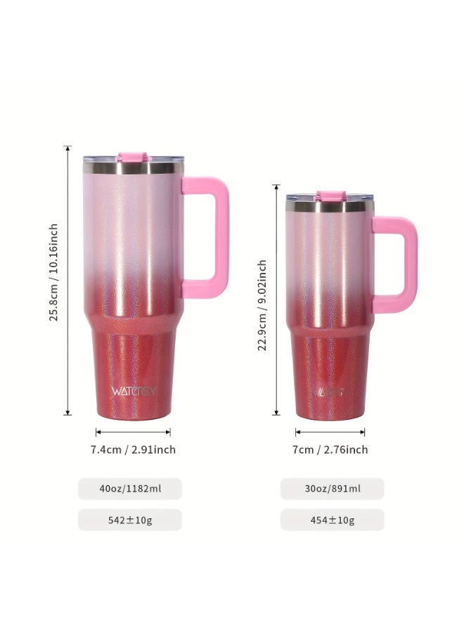 WATERSY 40 oz Coffee Mug to Go Thermal Mug Double-Walled Stainless Steel Vacuum Leak-Proof Drinking Cup with Handle and Straw Thermal Tumbler - Dark Pink White - Image 3