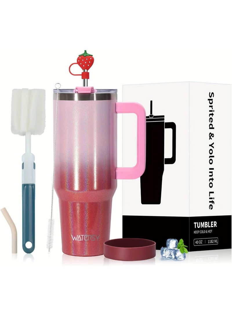 WATERSY 40 oz Coffee Mug to Go Thermal Mug Double-Walled Stainless Steel Vacuum Leak-Proof Drinking Cup with Handle and Straw Thermal Tumbler - Dark Pink White - Image 1