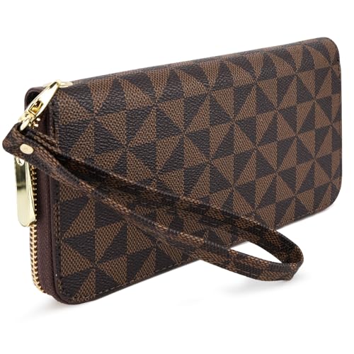 Veki Women's Wallet Monolayer Zipper Pocket Wallets with Wrist Strap, Leather Credit Card Purse for Women Men (Monolayer-Brown) - Image 1