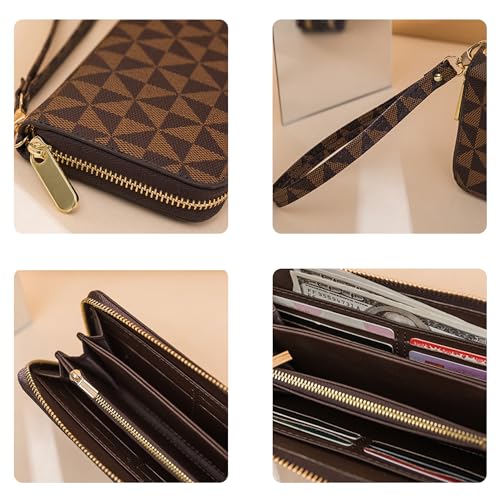 Veki Women's Wallet Monolayer Zipper Pocket Wallets with Wrist Strap, Leather Credit Card Purse for Women Men (Monolayer-Brown) - Image 3