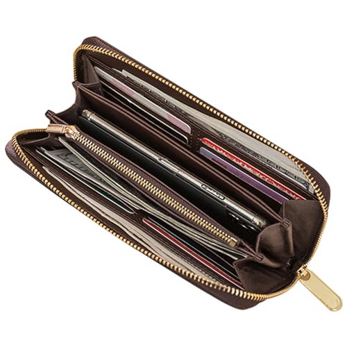 Veki Women's Wallet Monolayer Zipper Pocket Wallets with Wrist Strap, Leather Credit Card Purse for Women Men (Monolayer-Brown) - Image 2