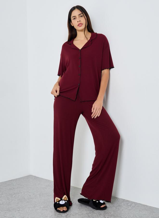 Styli Supersoft Ribbed Lettuce Hem Shirt and Pyjama Set - Image 1