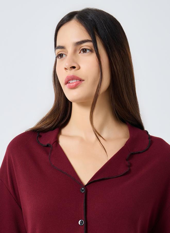 Styli Supersoft Ribbed Lettuce Hem Shirt and Pyjama Set - Image 3