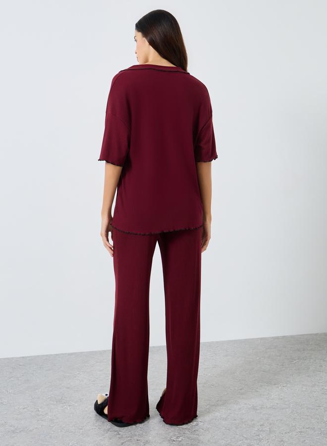 Styli Supersoft Ribbed Lettuce Hem Shirt and Pyjama Set - Image 5