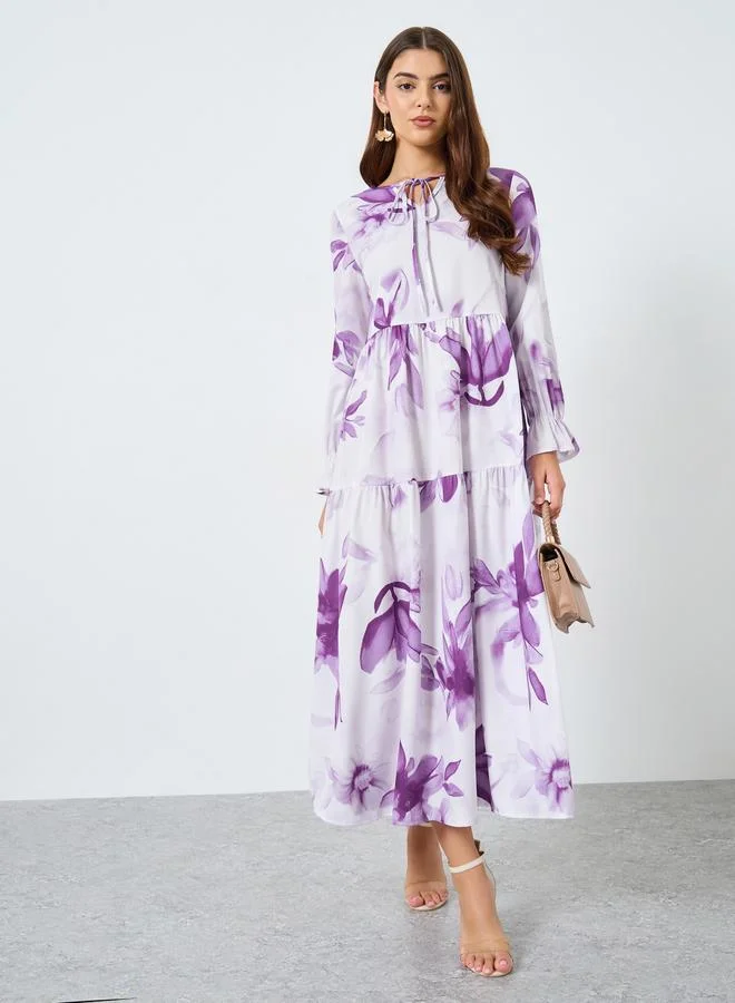 Take Two Floral Printed Tie-Up Neck Long Sleeve Midi Dress