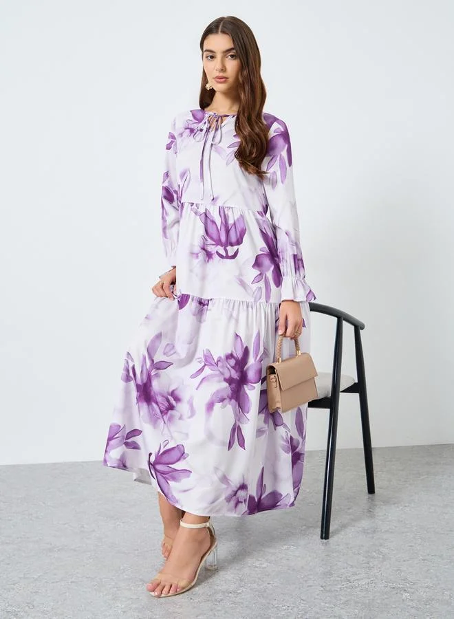 Take Two Floral Printed Tie-Up Neck Long Sleeve Midi Dress