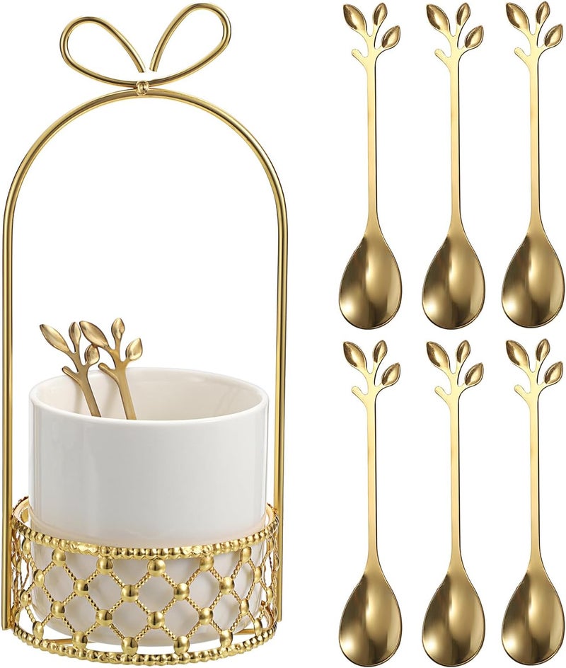 ELLDOO Coffee Spoon Set, White Ceramic Holder with 8 Stainless Steel Gold Leaf Coffee Spoons, Creative Flatware Set for Stirring, Mixing, Sugar, Ice Cream, Cake (8 x Spoons) - Image 1