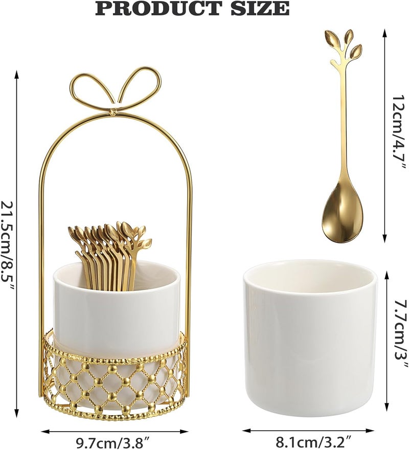 ELLDOO Coffee Spoon Set, White Ceramic Holder with 8 Stainless Steel Gold Leaf Coffee Spoons, Creative Flatware Set for Stirring, Mixing, Sugar, Ice Cream, Cake (8 x Spoons) - Image 2