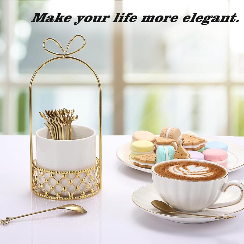 ELLDOO Coffee Spoon Set, White Ceramic Holder with 8 Stainless Steel Gold Leaf Coffee Spoons, Creative Flatware Set for Stirring, Mixing, Sugar, Ice Cream, Cake (8 x Spoons) - Image 3