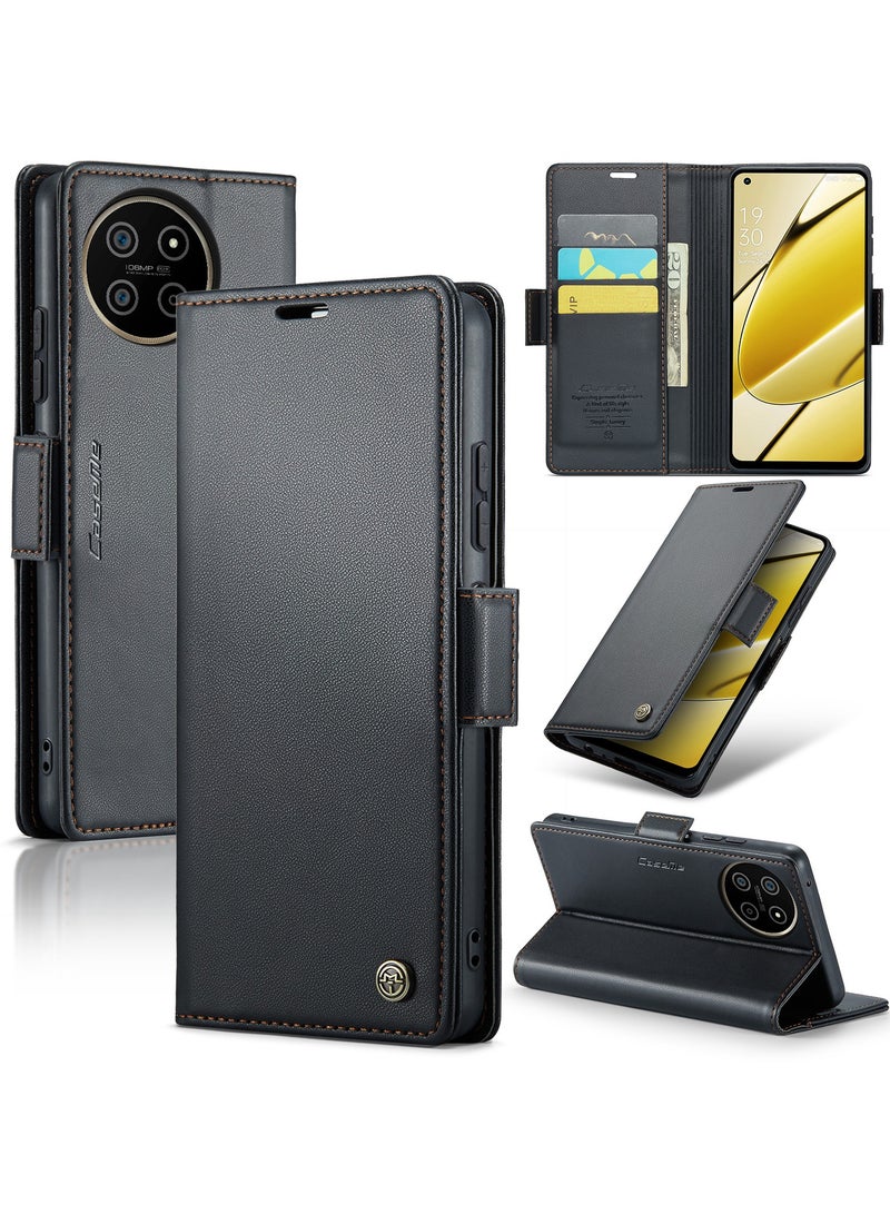 CaseMe Phone Case Luxury PU Leather Design Anti Fingerprint 023 Flip Cover Card Slot Holder Cover For Realme 11 4G (Black ) - Image 1