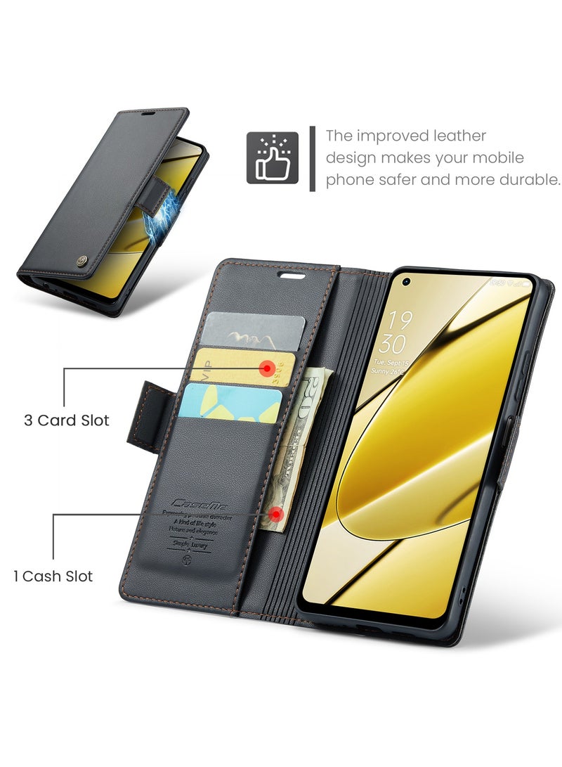 CaseMe Phone Case Luxury PU Leather Design Anti Fingerprint 023 Flip Cover Card Slot Holder Cover For Realme 11 4G (Black ) - Image 3