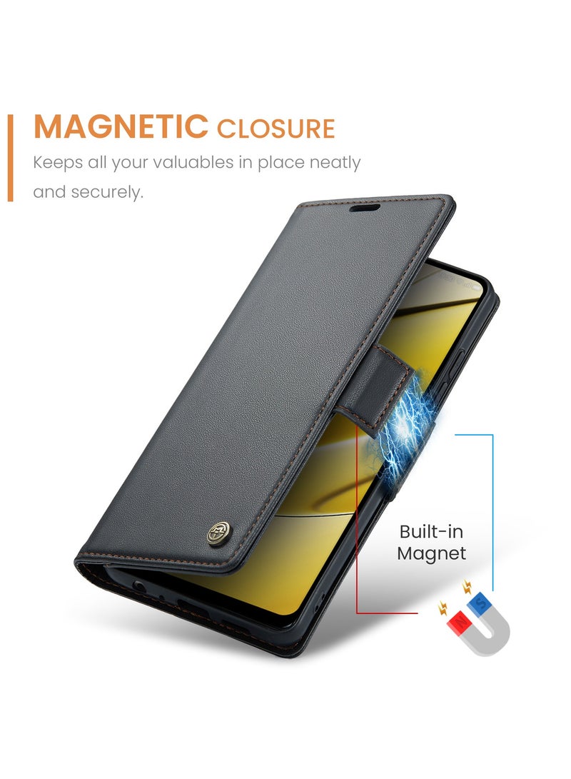 CaseMe Phone Case Luxury PU Leather Design Anti Fingerprint 023 Flip Cover Card Slot Holder Cover For Realme 11 4G (Black ) - Image 4