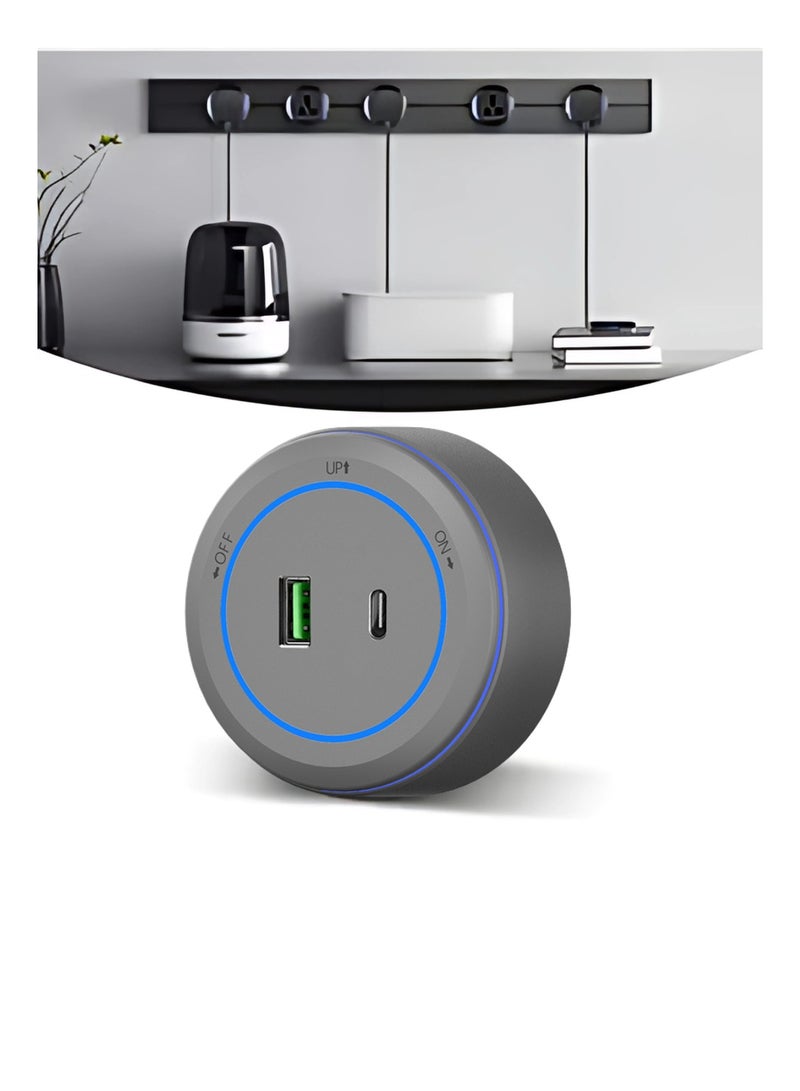 إسبانيا منفذ شحن USB A + C متعدد الوظائف مقبس كهربائي متنقل باللون الرمادي مع حلقة LED زرقاء - Image 1