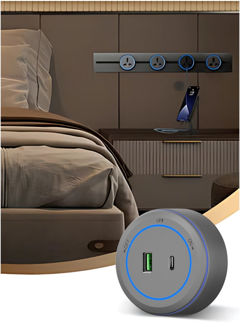 إسبانيا منفذ شحن USB A + C متعدد الوظائف مقبس كهربائي متنقل باللون الرمادي مع حلقة LED زرقاء - Image 3