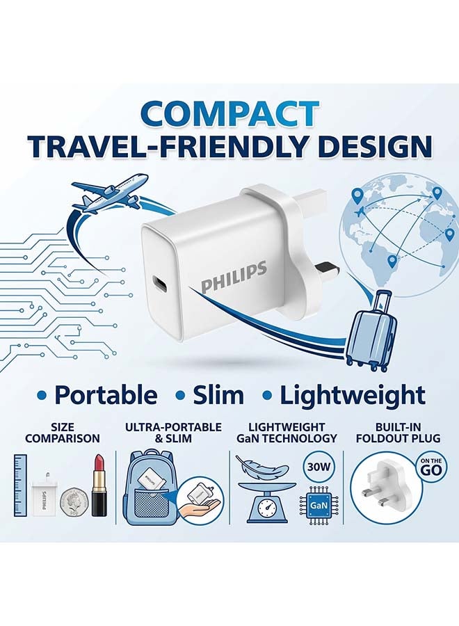 Philips 30W GaN USB-C Fast Wall Charger with Power Delivery, Compact Travel Adapter, Multi Protection Safety, Universal Fast Charging for iPhone Samsung iPad MacBook Air – DLP5312CW/05 White White - Image 4