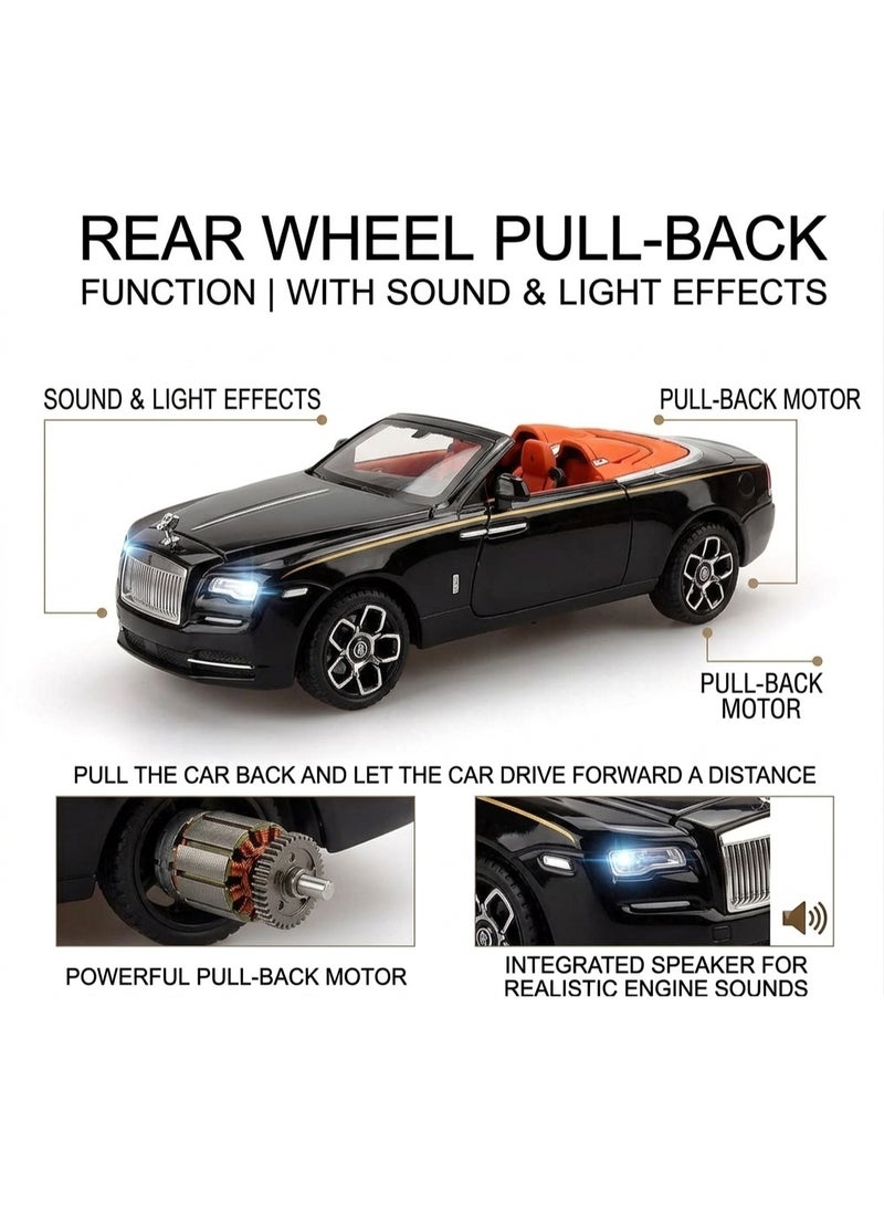 Taizz Ventures 1:24 Rolls-Royce Phantom Convertible Diecast Model Car, Alloy Pull Back Toy with Sound and Light, Openable Doors, Hood and Trunk, Removable Roof, Collectible Gift for Kids and Adults, Black - Image 2
