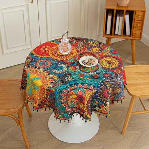 Erbnaryx Boho Tablecloth for Round Tables,Fringed Edges with Geometric Pattern Tablecloths,Farmhouse Floral Table Cover Cloth Decorative for Kitchen Dining Room,60"（Round） - Image 1