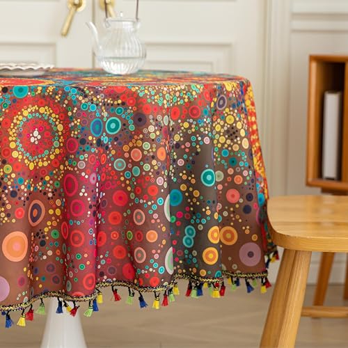 Erbnaryx Boho Tablecloth for Round Tables,Fringed Edges with Geometric Pattern Tablecloths,Farmhouse Floral Table Cover Cloth Decorative for Kitchen Dining Room,60"（Round） - Image 3