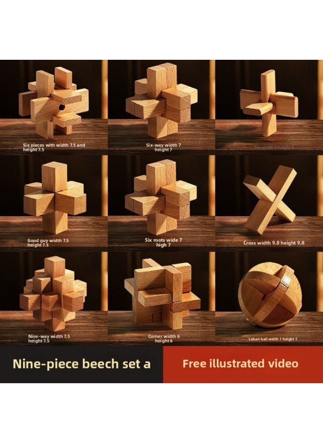 Generic - Luban Lock Kongming Lock Beech Wood Unlock Unleash Unleash Children's Collage Building Blocks Toy Boys Primary School Edition Cheap-Color:High-end Beech 9-piece Set A (commended For Kindergarten) - Image 1