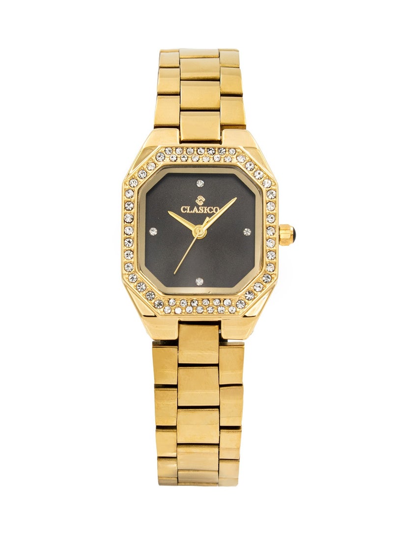 Clasico ساعة أنالوج فاخرة للنساء دازل 30 مم - أسود وذهبي - إطار مرصع بالكريستال - Image 1