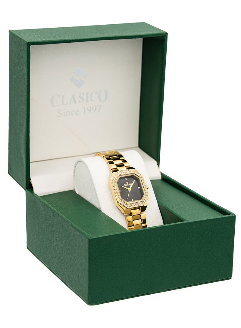 Clasico ساعة أنالوج فاخرة للنساء دازل 30 مم - أسود وذهبي - إطار مرصع بالكريستال - Image 4