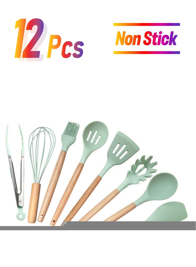 12-piece Silicone Cooking Utensils Set With Wooden Handles，Nonstick Cookware with Storage Bucket，BPA FREE，Heat-resistant,Light Green  - Image 1