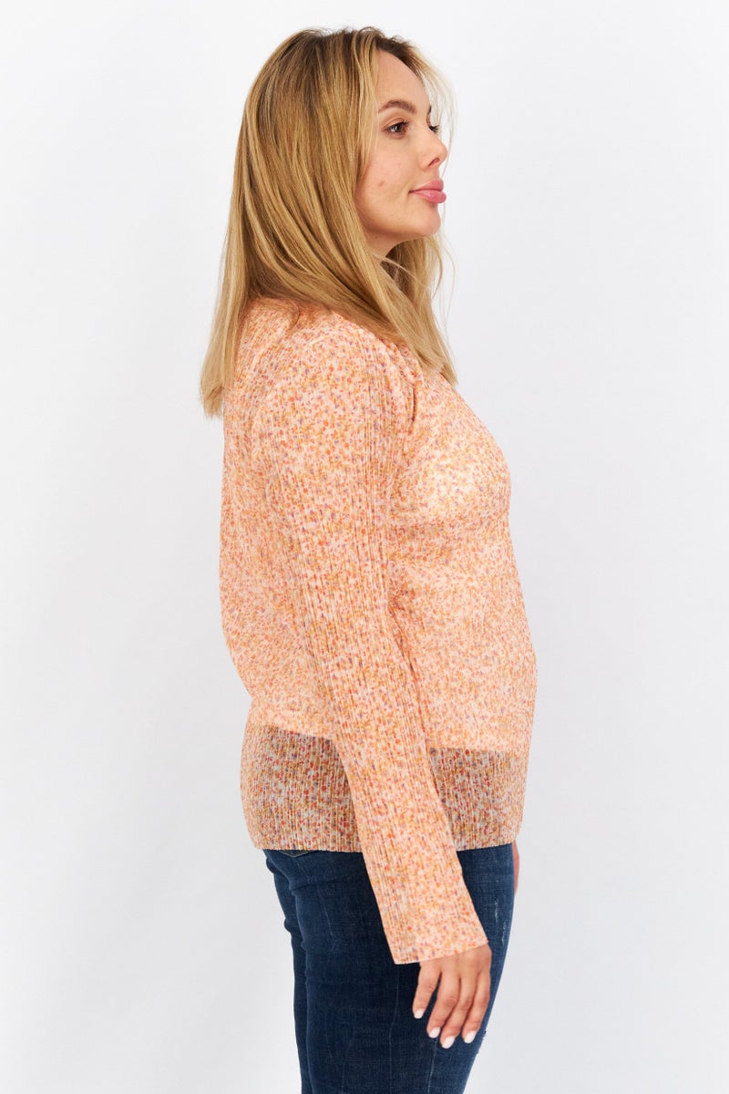 ESPRIT Women Round Neck Long Sleeve Floral Pattern Blouse, Orange Combo - Image 3