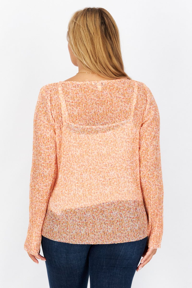 ESPRIT Women Round Neck Long Sleeve Floral Pattern Blouse, Orange Combo - Image 2