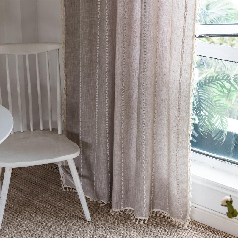 RoomTalks Boho Farmhouse Curtains for Bedroom Living Room 96 Inch Length 2 Panels in Tan French Cabin Rustic Country Cute Cotton Polyester Window Curtain Panels Bohemian Chic Tassel Draperies - Image 3