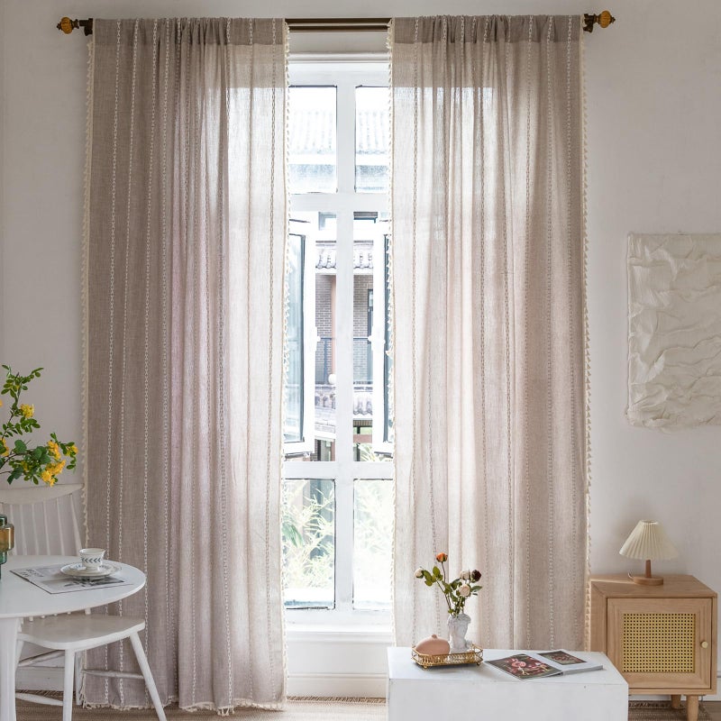 RoomTalks Boho Farmhouse Curtains for Bedroom Living Room 96 Inch Length 2 Panels in Tan French Cabin Rustic Country Cute Cotton Polyester Window Curtain Panels Bohemian Chic Tassel Draperies - Image 2