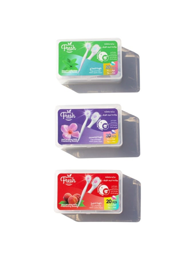 فريش مجموعة من 3 عبوات (3p) لفرش أسنان يمكن التخلص منها (20 قطعة)، حزمة بثلاث نكهات مع معجون أسنان بخرز تنظيف مزدوج  للاستخدام في العمل أو السفر (نعناع - خوخ - ياسمين) - Image 2