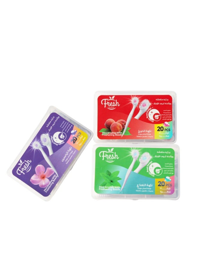فريش مجموعة من 3 عبوات (3p) لفرش أسنان يمكن التخلص منها (20 قطعة)، حزمة بثلاث نكهات مع معجون أسنان بخرز تنظيف مزدوج  للاستخدام في العمل أو السفر (نعناع - خوخ - ياسمين) - Image 3