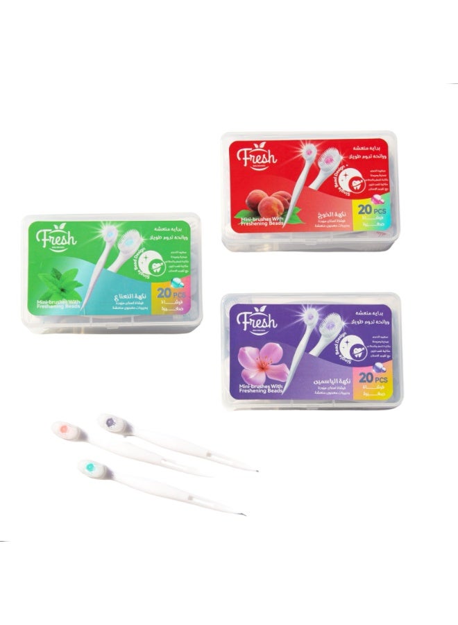 فريش مجموعة من 3 عبوات (3p) لفرش أسنان يمكن التخلص منها (20 قطعة)، حزمة بثلاث نكهات مع معجون أسنان بخرز تنظيف مزدوج  للاستخدام في العمل أو السفر (نعناع - خوخ - ياسمين) - Image 1