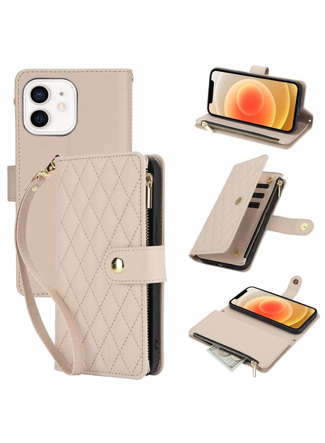 زبون جراب هاتف iPhone 12 / 12 Pro YM016 محفظة بطاقات بسحاب معيني الشكل من الجلد مع حبل - Image 1