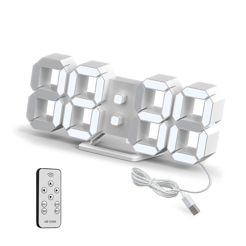 Deeyaple Led Digital Alarm Clock 3D Small Wall Clock No Noise Snooze Dimmable Time Memory 12/24 Date Temperature Remote Control Night Light Office Kitchen living Room Bedroom (White, 25CM) - Image 1