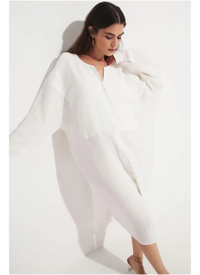 JUNE June Exclusive 100% Linen Slit Detailed Dress White