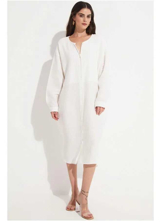 جون June Exclusive 100% Linen Slit Detailed Dress White