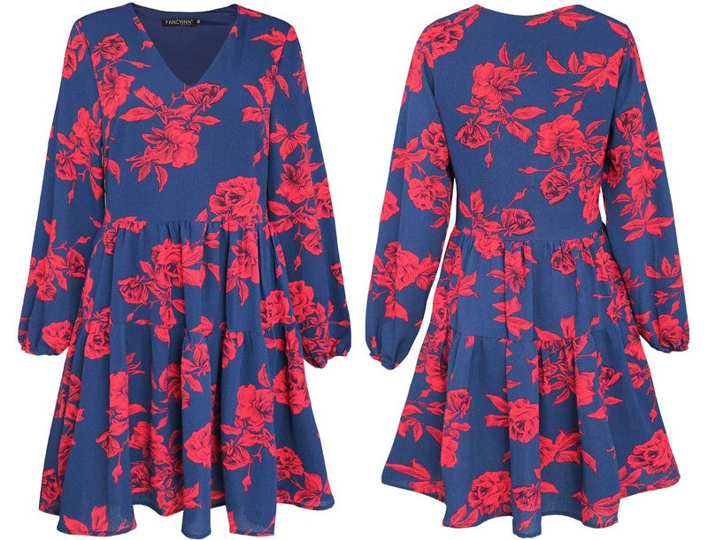 FANCYINN Womens Floral Shift Tunic Dress Long Sleeve Cover Up V Neck Ruffle Swing Chiffon Floral Prints Mini Dress Red Flower Pockets XL - Image 5