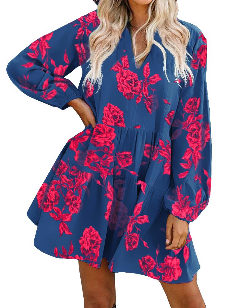 FANCYINN Womens Floral Shift Tunic Dress Long Sleeve Cover Up V Neck Ruffle Swing Chiffon Floral Prints Mini Dress Red Flower Pockets XL - Image 1