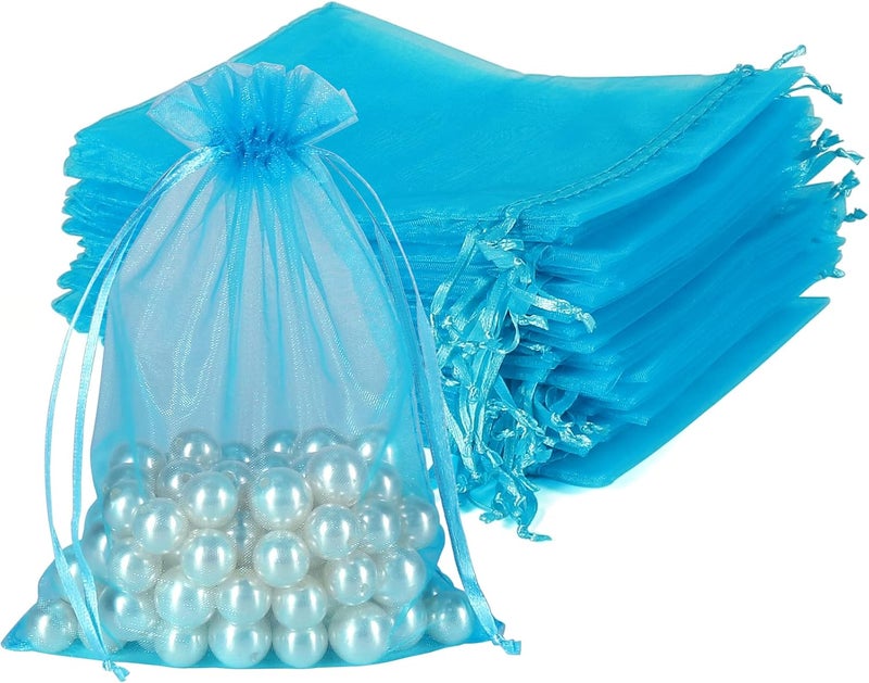 HRX Package 100pcs Organza Bags Turquoise Blue, 5x7 inch Mesh Drawstring Gift Bags Jewelry Pouches for Christmas Candy Party Favor - Image 1