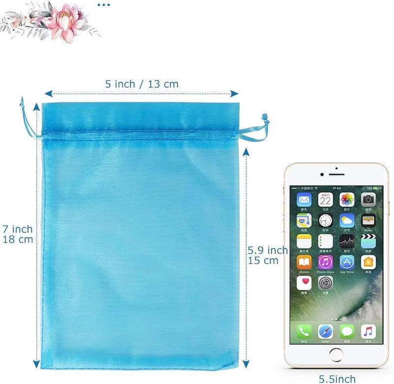 HRX Package 100pcs Organza Bags Turquoise Blue, 5x7 inch Mesh Drawstring Gift Bags Jewelry Pouches for Christmas Candy Party Favor - Image 2